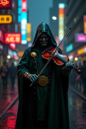 Cyberpunk medieval fusion, A photo of Doctor Doom standing at the edge of a rain-soaked street. Doctor Doom's wild expression and his symbolic suit is drenched from the downpour. He holds a violin and plays an eerie melody with a twisted smile. The background contains neon signs that flicker, casting a colorful glow over the scene, dynamic posture, precise anatomy of body and hand, movie special effects grade style. 