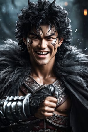 hyperrealistic, a masterpiece live-action movie poster. A breathtakingly realistic image of Gattsu from Berserk rests his hands on his large rune sword, evil grin, spark in the eye, a storm in the horizon, backlight, hybrid Super Saiyan form, radiating an otherworldly aura. Showcase his chiseled physique, wild hair, and slight evil smile. Utilize advanced techniques to capture subtle lighting, texture, and divine attire details. Exude an atmosphere of awe-inspiring wonder, as if he is about to unleash powerful divine energy. Bring this extraordinary visual to life with 3D rendering and meticulous attention to detail. Set in a whimsical, imaginative, and lively environment, showcase his powerful unexpected tricky move.