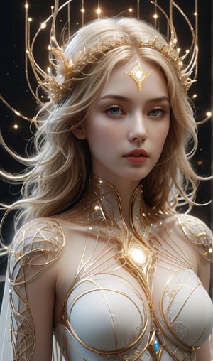A futuristic young alluring woman with long golden hair. "The Luminous Wireframe Sorceress" is an impressive and evocative digital artwork, featuring a luminous sorceress adorned with a dress and cape made of mesh wireframe in bright white strands. The lines, an intricate web of shining white strands, intertwine forming ethereal geometric patterns that glow and radiate intensely under the light. The piece masterfully combines digital rendering with portrait photography, immersing the viewer in a hypnotic and magical visual experience. The striking contrast between the white wireframe strands and the dark, mysterious background of a nebulous landscape creates a charming atmosphere that leaves a lasting impression. 