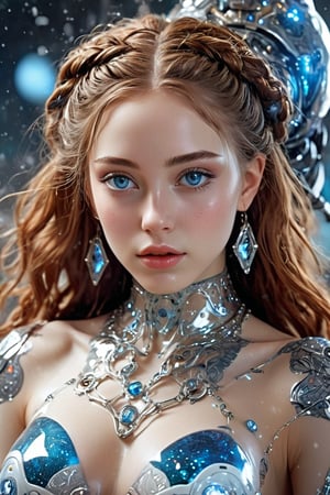 hyperrealistic, a masterpiece, (1girl), (full body), (futuristic sci-fi glassy body), Beautiful young girl, symmetrical eyes, realistic facial expression, sharp focus, HD, highly detailed l. Birth of Venus, with pure white shiny translucent Egyptian Arab skin android with large tribal tattoo, digital tattoos and cyberware augments on a deep sea of stars and nebula, Botticelli style, blue crystal eyes, advanced humanoid robot, braided hair. heavy snowing ice kingdom background.