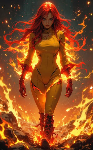 A full shot of a striking female character from a cyberpunk video game setting, radiating futuristic and edgy vibes. In the style of a Marvel comic, A young woman with spreading red fiery hair and blue eyes, she is wearing a yellow, one-piece leotard, sexy bold design clothing. She wears red gloves and boots, flaired at the ends with a jagged layer of orange, resembling flame. She is surrounded by flames and sparkles, creating an intense and fiery atmosphere. The flames around her dance wildly, illuminating her determined expression as she stands in control of the destructive energy. the powerful blaze enveloping the scene. The background is in a barren landscape, adding to the dramatic and powerful effect, by Jim Lee, fantasy art, fantasy concept art, epic fantasy movie, 