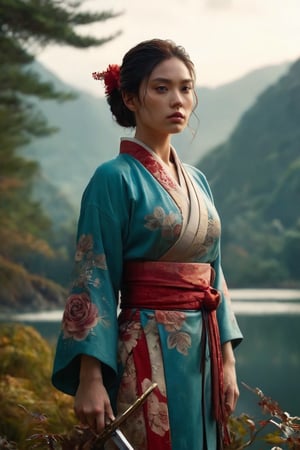 Aqua, a stunning young woman, stands confidently against a warmly lit background. A captivating cinematic portrait of a female warrior in a serene landscape, with misty mountains in the background. She stands tall in a traditional kimono, adorned with intricate tattoos covering her upper body. Her sword with a golden hilt is held confidently in her hand, while a skull and a single red rose lie beside her. The tranquil garden setting features a calm body of water and lush greenery, creating an atmosphere of both beauty and mystery. The conceptual art piece showcases a powerful and enigmatic figure in a harmonious yet haunting environment., conceptual art, portrait photography, photo, cinematic, 