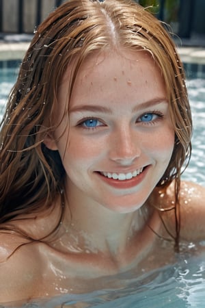 (Best quality, 8k, 32k, raw photo, photorealistic, UHD:1.2),lifelike rendering, (upper body portrait:1.2), HDR photo of beautiful young woman, happy and smiling, long bronze golden hair, light-blue eyes, fair complexion, (freckles:0.5), sexy bikini, submersed up to her chest in a hot tub relaxing with her arms out to her sides, detailed wet skin, water bubbling and moving, tiled floor and walls . High dynamic range, vivid, rich details, clear shadows and highlights, realistic, intense, enhanced contrast, highly detailed