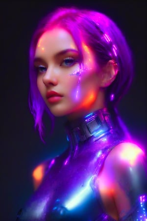 ((masterpiece)), ((best quality)), (((photo Realistic))), (portrait photo), (8k, RAW photo, best quality, masterpiece:1.2), (realistic, photo-realistic:1.3), A captivating and vibrant portrait of a cybergoth fashion cyborg in a minimalist, futuristic setting. The cyborg has subtle miniature glowing inlaid subdermal algorithmic OLED makeup, giving off a soft subsurface scattering effect. The background features a mesmerizing purple sky ambience, with graffiti-inspired typography and a shallow depth of field. A sense of cinematic motion blur enhances the sense of movement and dynamism. The overall composition is a perfect blend of illustration, photography, and digital artistry, portrait photography, cinematic, 
