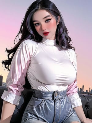 lustful, thigh up body, 1girl, ((masterpiece)), ((best quality)), (((photo Realistic))), A stunning, super-realistic 3D render of a young, twenty-year-old woman with violet hair, dark mascara, and pink lipstick. She wears a casual outfit of a white shirt and jeans, holding a sketchbook filled with names, hinting at her artistic or architectural talents. The background features a breathtaking city skyline, bathed in the warm hues of a vibrant sunset. This highly detailed 8K quality 3D image captures the essence of a cinematic, photo-like scene in the heart of the city.