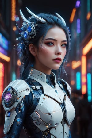 ((masterpiece)), ((best quality)), (((photo Realistic))), (portrait photo), (8k, RAW photo, best quality, masterpiece:1.2), (realistic, photo-realistic:1.3). A stunning 4K high-quality photo of a beautiful woman wearing a white mecha adorned with dazzling lights. Her face, with a captivating gaze, is perfectly enhanced with blue-toned makeup, including dark blue eyeliner, red lip gloss, and a delicate hairpin. Her dark blue hair is a blend of silver, violet, and blue hues, with a gradient effect. The background showcases a complex setting with dark blue flowers and intricate clothing, all against a backdrop of a godly landscape. The atmosphere is filled with a sense of wonder, as the woman's outfit billows in the wind. This photograph truly captures the essence of fashion and artistic beauty.,glowneon,mad-cyberspace,mecha\(hubggirl)\,Mecha