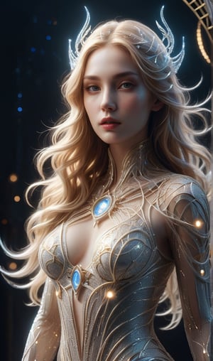 A futuristic young alluring woman with long golden hair. "The Luminous Wireframe Sorceress" is an impressive and evocative digital artwork, featuring a luminous sorceress adorned with a dress and cape made of mesh wireframe in bright white strands. The glowing lines, an intricate web of shining white strands, intertwine forming ethereal geometric patterns that glow and radiate intensely under the light. The piece masterfully combines digital rendering with portrait photography, immersing the viewer in a hypnotic and magical visual experience. The striking contrast between the white wireframe strands and the dark, mysterious background of a nebulous landscape creates a charming atmosphere that leaves a lasting impression. ,mad-cyberspace,neon style,glitter