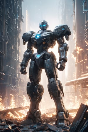hyperrealistic, best quality, masterpiece, analog film photo, studio lighting, 1 giant robot crouched on a destroyed building, glowing eyes, Bionicle, futuristic mecha, mask cyberpunk, raining, smokes, sparkles, complex 3d render ultra detailed absurdres, highres, 8k, CG, wallpaper, (realistic, photo-realistic:1.3),Amazing, finely detailed, best quality, bokeh, depth of field