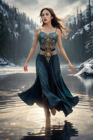 ((masterpiece)), ((best quality)), (((photo Realistic))), (portrait photo), (8k, RAW photo, best quality, masterpiece:1.2), (realistic, photo-realistic:1.3). A cheerful beautiful girl, dancing, drkms, (full body:1.1), on Thin Ice, drkms, water-bender, charybdis, dark,abstract, sharp focus, intricate detail, kris kuksi,natural beauty 