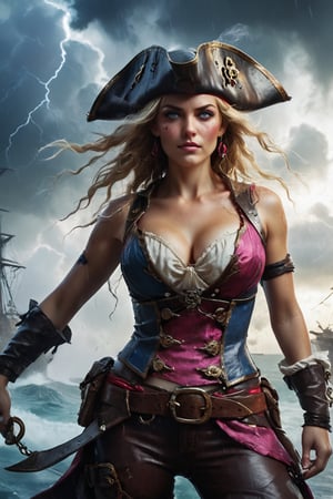 A stunning, high-definition photo featuring a beautiful young woman, a dynamic action curvy figure. A captivating dual illustration that showcases the contrasting natures of two pirate characters. On the left, a fierce female pirate clad in a dark tank top, sporting red eyes and a menacing grin, is surrounded by a chaotic storm. Lightning bolts crackle around her, signifying her connection to the tempest. Simultaneously, on the right, a cheerful blonde pirate dressed in a vibrant hot pink dress and adorned with a captain's hat, flaunts her blue eyes and infectious smile against a serene blue backdrop. The cinematic, conceptual art piece beautifully highlights the duality of the blonde pirate's character, with the lightning connecting these two contrasting elements, illustrating the internal struggle between her cheerful exterior and the darker, stormy side within., cinematic, illustration, conceptual art