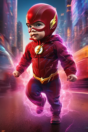 hyperrealistic movie poster. Time travel concept. A captivating ultrarealistic movie still of a toddler's perspective, where the world is a vibrant blur of colors and motion. The toddler, beaming with joy, races past the iconic superhero, The Flash, who is seen in mid-sprint and looks surprised, turning his head to see the tiny speedster outpacing him. The toddler's tiny legs are a whirlwind of energy, with arms pumping in determination, while the ground beneath is a streak of vivid hues, emphasizing the incredible speed. The background features a slightly blurred cityscape, enhancing the sense of rapid movement. The expression on The Flash's face adds a touch of humor and amazement to the scene. The artist's initials "PJ" are subtly signed at the bottom in small letters., illustration, vibrant, cinematic