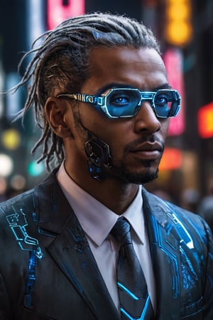 ((masterpiece)), ((best quality)), (((photo Realistic))), (portrait photo), (8k, RAW photo, best quality, masterpiece:1.2), (realistic, photo-realistic:1.3). A striking image of a cyberpunk protagonist, a black man with grey hair and robotic eyes, dressed in a sharp suit. His cybernetic eyes emit a cool blue light that contrasts with the dimly lit, neon-lit cityscape. Hovering vehicles and futuristic architecture fill the background, while a holographic 'Hal Cinah' signature is subtly integrated into the scene, hovering above his head. The overall atmosphere is bold, futuristic, and slightly dystopian.