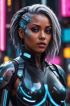 ((masterpiece)), ((best quality)), (((photo Realistic))), (portrait photo), (8k, RAW photo, best quality, masterpiece:1.2), (realistic, photo-realistic:1.3). A striking image of a cyberpunk protagonist, a gorgeous sexy black woman with grey hair and robotic eyes, dressed in a sharp glass suit. Her cybernetic eyes emit a cool blue light that contrasts with the dimly lit, neon-lit cityscape. Hovering vehicles and futuristic architecture fill the background, while a holographic The overall atmosphere is bold, futuristic, and slightly dystopian.,Cyberpunk Doctor,digitalste,Cyberpunk Clothing,cyberpunk
