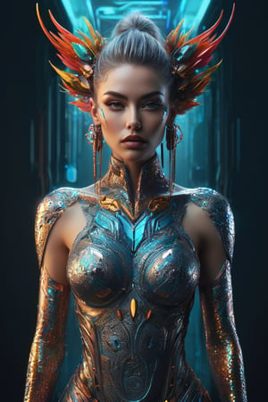 A captivating conceptual art piece featuring a hybrid-colored, futuristic lady with a wild and alluring style. The character is adorned in an intricate and vibrant body art design, which is accentuated by the high-quality 3D render and HDR lighting. The overall aesthetic is a blend of cyberpunk and avant-garde, with a touch of surrealism, creating a striking visual experience.