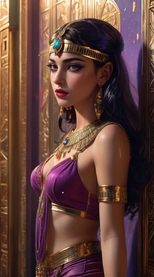 A captivating movie scene of the enigmatic Egyptian princess Cleopatra. an exotic svelte Egyptian dancer from Cleopatra era, she is willowy wearing revealing purple dress with gems, green eyes, fair face, red lips, sheer face viel , she is holding a beautiful dagger, hiding behind a door, wall is decorated with golden Egyptian patterns. Realistic detailed image, High quality, ,xxmix_girl,aesthetic portrait