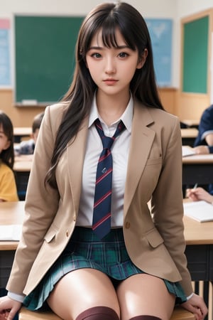 (masterpiece), (best quality),(ultra-detailed),(illustration),(extremely detailed),(perfect anatomy),(super detailed skin),(detailed),(beautiful detailed eyes),1girl,solo,black hair,long hair,long hair,bea3 eyes,big breasts,(plaid skirt),skirt,(school uniform), (white shirt),(brown blazer:1.1),partially unbuttoned,thighhighs, (plaid necktie), curvy, sitting, (knee up:1.1),foot out of frame, eyebrows, sideways glance, light smile, school, classroom