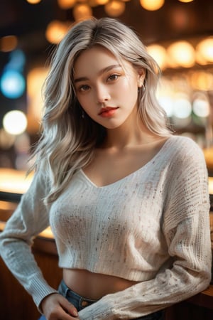 ((masterpiece)), ((best quality)), (((photo Realistic))), (portrait photo), (8k, RAW photo, best quality, masterpiece:1.2), (realistic, photo-realistic:1.3). A beautiful alluring girl with silver hair in an open holes sweater is leaning on the counter of a night bar, smiling at the camera, photorealistic with a cinematic look featuring a bokeh effect, depth of field with sharp focus on the subject and intricate details in the skin texture, soft lighting with HDR and volumetric light, shot on a Sony A7 III