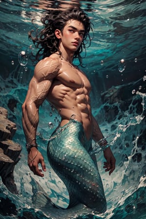 (best quality), (UHQ, 8k, high resolution), Live-action movie, gorgeous sea prince percy jackson, young fit muscular boy, bare body, nude, muscles, korean-euro biracial handsome face, hugs a beautiful dainty mermaid below the water surface. floating hairs, erhreal godness, delicate perfect Indonesian princess face, delicate facial expressions, accompanied by a ripple and a huge splash of water above the surface, bubbles, waves, very realistic photography, vivid skin pores