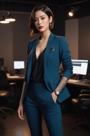A stunning fashionable and confident young woman, half-turned, embodying the essence of a modern voice-over artist. Her chic outfit, featuring a sleek blazer and form-fitting pants, is accentuated by a distinctive "II" tattoo on her ankle. Surrounding her is a sleek, state-of-the-art studio, adorned with the "11 Labs" logo as its focal point, representing a sanctuary of sound and innovation. The cinematic lighting and atmosphere exude an aura of professionalism and creativity, cinematic, 