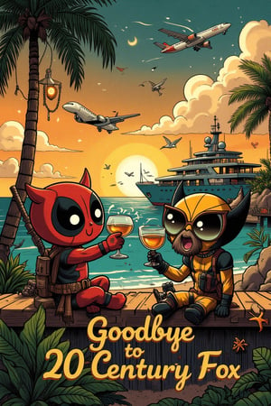 A whimsical and enchanting illustration of chibi deadpool and Wolverine. they are sitting on the edge of a private and luxurious beach. Cheers wnd enjoying a glass of fine Scotch whiskey. Heis wearing a pair of Rayban sunglasses. luxurious beach setting. The sky is a hypnotic mix of sun and clouds, with a plane flying overhead, a large luxury yacht parked at the pier, and birds flying nearby. The phrase "Goodbye to 20 Century Fox" is elegantly written in golden cursive letters at the bottom, adding a touch of fashion and elegance to the creative illustration.