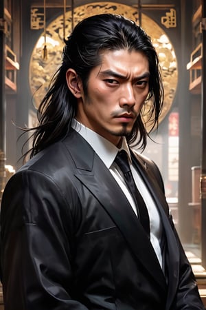 ((masterpiece)), ((best quality)), (((photo Realistic))), (portrait photo), (8k, RAW photo, best quality, masterpiece:1.2), (realistic, photo-realistic:1.3).A striking 8k portrait of a Japanese man in a black suit, showcasing his toned body and long, dark hair. He has dark, intense eyes and is clean-shaven, with no beard. The man wields a katana and is adorned in intricate, maximalist attire. The background is a blend of dark and light tones, with a nod to anime-inspired elements. This stunning artwork is trending on ArtStation and is a masterpiece by the talented artist, Artgerm.