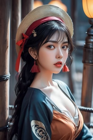 ((masterpiece)), ((best quality)), (((photo Realistic))), (portrait photo), (8k, RAW photo, best quality, masterpiece:1.2), (realistic, photo-realistic:1.3). A mysterious figure, a female sexy ninja assassin, seated on a wooden floor. The figure is wearing a traditional straw hat and is holding a weapon with hiper bioluminence glowing inscriptions. The background is full of ancient historical ambiance. The overall color palette is dominated by dark shades, with hints of blue and green, adding to the mystical aura of the scene.