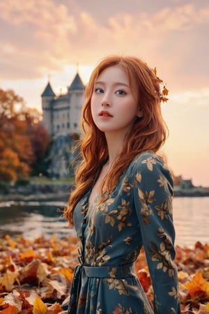 A stunning close-up picture that captures the essence of love and beauty. A captivating and vibrant conceptual art piece, featuring a young adorable woman with very long cascading red hair, seamlessly merging into a picturesque autumn landscape. She stands gracefully amidst a sea of golden leaves, her hair intertwined with branches and foliage. Behind her, a majestic castle stands proudly against an intense orange sky, as if it's on fire. The overall atmosphere of the illustration is cinematic and surreal, evoking a sense of wonder and enchantment, cinematic, vibrant, conceptual art,dal