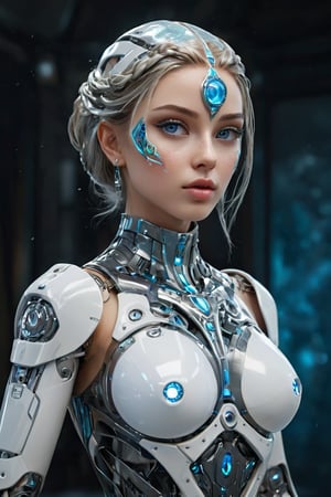 hyperrealistic, a masterpiece, (1girl), (full body), (futuristic sci-fi glassy body with gleam white mecha), Beautiful young girl, symmetrical eyes, realistic facial expression, sharp focus, HD, highly detailed l. Birth of Venus, with pure white shiny translucent Egyptian Arab skin android with large tribal tattoo, digital tattoos and cyberware augments on a deep sea of stars and nebula, Botticelli style, blue crystal eyes, advanced humanoid robot, braided hair. heavy snowing ice kingdom background.