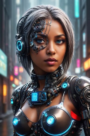 ((masterpiece)), ((best quality)), (((photo Realistic))), (portrait photo), (8k, RAW photo, best quality, masterpiece:1.2), (realistic, photo-realistic:1.3). A striking image of a cyberpunk protagonist, a gorgeous sexy black woman with grey hair and robotic eyes, dressed in a sharp glass suit. Her cybernetic eyes emit a cool blue light that contrasts with the dimly lit, neon-lit cityscape. Hovering vehicles and futuristic architecture fill the background, while a holographic The overall atmosphere is bold, futuristic, and slightly dystopian.,Cyberpunk Doctor,digitalste
