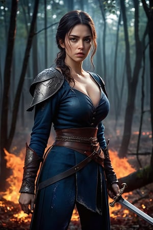 ((masterpiece)), ((best quality)), (((photo Realistic))), (portrait photo), (8k, RAW photo, best quality, masterpiece:1.2), (realistic, photo-realistic:1.3).Full Body, film still as ring of lord, a woman with brunette hair wielding a sword covered in dry blood, medieval leather clothes, in a (dark:1.3) battle torn forest, ready to fight for her life, (bruised, cut:1.2), trees on fire, smoke, sparkles, (blue hue:1.2), cinematic, 4k, epic detailed, bokeh, hbo, dark fanyasy, moody