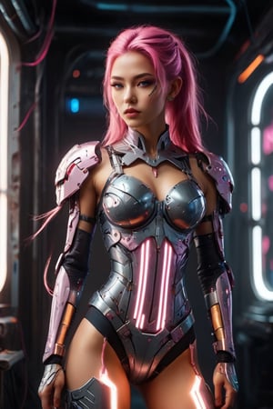 A gorgeous cyborg girl in pink platinum combat armor, long pink hair braid, vibrant colors of lightning surround her, full body casting powerful tricky effect, cyberpunk style, sexy lingerie, futuristic scene, high-tech, sci-fi, flirting, kinky, attractive, portrait, looking at viewer, portrait, photography, detailed skin, realistic, photo-realistic, 8k, highly detailed, full length frame, High detail RAW color art, diffused soft lighting, shallow depth of field, sharp focus, hyperrealism, cinematic lighting, 