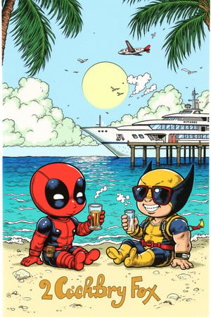 A whimsical and enchanting illustration of chibi deadpool.and Wolverine. they are sitting on the edge of a private and luxurious beach. Cheers wnd enjoying a glass of fine Scotch whiskey. Heis wearing a pair of Rayban sunglasses. luxurious beach setting. The sky is a hypnotic mix of sun and clouds, with a plane flying overhead, a large luxury yacht parked at the pier, and birds flying nearby. The phrase "Goodbye to 20 Century Fox" is elegantly written in golden cursive letters at the bottom, adding a touch of fashion and elegance to the creative illustration.