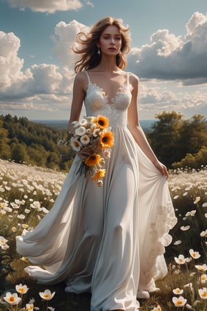 full body:1.2, ((masterpiece)), ((best quality)), (((photo Realistic))), A captivating image featuring an enchanting, ethereal young lustful woman in a breathtaking white wedding dress. She is gracefully floating among fluffy clouds while holding a delicate bouquet of anemones. She has beautiful symmetrical eyes. Her shy, yet radiant smile conveys an air of happiness and mystery, blending elements of cinematic movie scene. create a dreamlike atmosphere that envelops the viewer in this magical moment,cinematic style