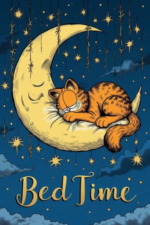 A whimsical and enchanting illustration of Garfield peacefully sleeping on a crescent moon adorned with golden stars. The moon is surrounded by some fluffy white clouds and cascading stars, creating a celestial backdrop. The starry sky exudes a sense of serene tranquility. The phrase "Bed Time" is elegantly written in golden cursive letters at the bottom, adding a touch of fashion and elegance to the creative illustration.