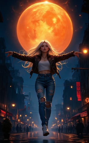 An enchanting urban fantasy scene of an anime woman with long platinum blonde hair and piercing bright eyes. She is dressed in glowing jeans and a leather jacket, with her arms outstretched as if embracing the world. The woman is defying gravity, floating in the warm glow of a massive, fiery orb hovering above a bustling city street plunged into night. The streetlights cast a dim, blue hue over the scene, and the cityscape is filled with a mix of towering skyscrapers and old-world charm. The overall ambiance is mystical, with a sense of awe and wonder.