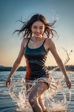 ((masterpiece)), ((best quality)), (((photo Realistic))), (portrait photo), (8k, RAW photo, best quality, masterpiece:1.2), (realistic, photo-realistic:1.3). medium close-up shot of a cheerful beautiful girl, dancing, drkms, on thin Ice, drkms, water-bender, splashes, charybdis, sharp focus, intricate detail, kris kuksi, natural beauty 