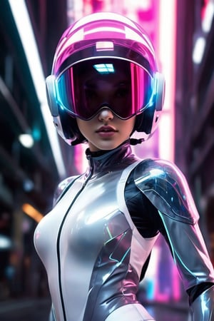 a high-resolution image that captures the essence of a charming character in a futuristic setting. she is wearing white crystal clear white suit and helmet. The character is poised energetically, with flowing garments motion. Incorporate a vivid color scheme with pink, and reflective silvers, reminiscent of nightcore aesthetics. Use dramatic backlighting to emulate a neon glow, contrasting with the darker hues of a cosmic backdrop , she is bright , The image should mimic the depth of field and clarity with sharp focus on the character and a blurred background. Add realistic textures to the character's clothing and hair, and include a visible light source in their hands, producing a gleaming, otherworldly effect. Ensure the overall composition resembles a candid snapshot, capturing a spontaneous moment of action in a surreal, sci-fi universe, Her eyes are purple, her entire body, she is making a gesture of reaching out for something above, a leaping pose, she is gazing at something above., GoPro HERO10 Black, Cinestill 800T, cyberpunk, a cinematic scene, 