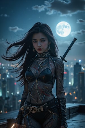 A cinematic shot of Ahri standing on a rooftop under a well-lit night sky. She has long loose spreading hair and is wearing a black mesh outfit with gleaming white, silver and red streaks, as well as golden accents. She is holding a black metal staff with a glowing tip. The background contains skyscrapers and the full moon features cool tones, enhancing the dramatic, vivid atmosphere., eye-catching, highly detailed.