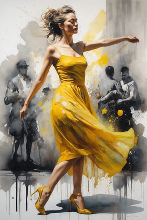 hyperrealistic art style, a masterpiece painting. A mesmerizing watercolor wash painting featuring a gorgeous woman wearing a yellow dress, in the style of joram roukes, dance while head backward, neil gaiman, graceful movements, stanley pinker, made of glass, disintegrated, heavy stroke. 