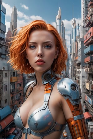 A stunning, high-definition photo in the Hajime Sorayama style, featuring a beautiful young woman, curvy dynamic action figure, capturing a random frame from the epic movie The Fifth Element. The portrait features young Scarlett Johansson as Leeloo, the mysterious and powerful character. The background reveals a futuristic, chaotic cityscape filled with vibrant colors and unusual architecture. The overall composition is striking and thought-provoking, showcasing the artist's exceptional ability to capture the essence of conceptual art., conceptual art, portrait photography, illustration