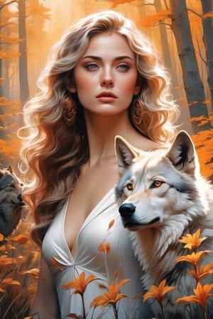 (masterpiece), (best quality),(ultra-detailed),(illustration),(extremely detailed),(perfect anatomy),(super detailed skin). A striking illustration of a wild wolf, its eyes locked on a beautiful, curvy woman who exudes confidence and allure. The woman, wearing a flowing white dress, stands tall and unperturbed, her body language asserting dominance over the wolf. The background is a lush forest, with a golden sunset casting warm hues over the scene. The illustration captures a powerful dynamic between the wild and the captivating, with an intriguing twist on the traditional hunter-prey dynamic., illustration