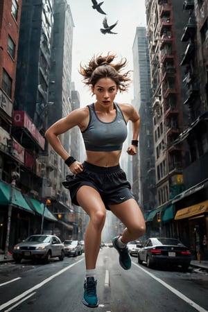 A captivating and enigmatic movie still portrays a young woman in athletic attire, boundlessly leaping over cars and seamlessly executing parkour moves across the bustling city streets. Her focused, determined expression radiates as she masterfully navigates the urban jungle with finesse and agility. The background presents a cacophonous cityscape, teeming with honking horns, exasperated drivers, and pigeons fluttering in disarray. The artist's deft touch brings to life the dynamic composition and intricate rendering, emphasizing the protagonist's athleticism and the kinetic energy of her surroundings, dynamic, urban, detailed, energetic, chaotic cityscape.