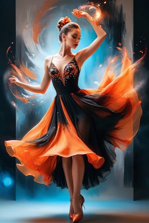 ((masterpiece)), ((best quality)), (((photo Realistic))), (portrait photo), (8k, RAW photo, best quality, masterpiece:1.2), (realistic, photo-realistic:1.3), An artistic portrayal of a woman, seemingly in a dance pose. She wears a vibrant transparent orange and black dress, with the top having a high neckline and the skirt flowing gracefully. Her hair is styled in an elaborate updo adorned with red flowers. The background is abstract, with splashes of orange, black, and white, giving the impression of a dynamic and fiery ambiance.