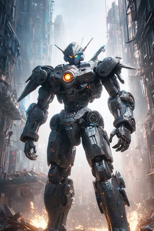 hyperrealistic, best quality, masterpiece, analog film photo, studio lighting, 1 giant robot crouched on a destroyed building, glowing eyes, Bionicle, mecha, mask cyberpunk, raining, smokes, complex 3d render ultra detailed absurdres, highres, 8k, CG, wallpaper, (realistic, photo-realistic:1.3),Amazing, finely detailed, best quality, bokeh, depth of field