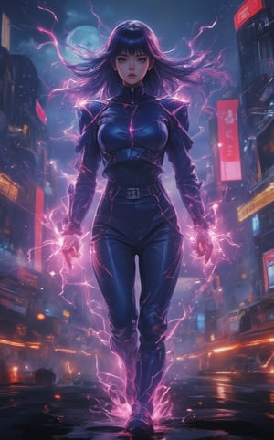 Epic anime live-action movie. Amazing lightingbolt woman, sharp focus on the very front of her face, everything poised, speeding neon lines, head forward, fast running towards the viewer, luminous, reflective, hyper detailed,, intricate details, background is a futuristic city with skyscrapers at night, ultra realistic, cinematic lighting, perfect image high flying aerial top down view, photorealistic, a sprawling cityscape emerges, adorned with towering skyscrapers, advanced technology and bustling activity create a sense of awe and wonder, super detail, ultra realistic, cinematic lighting,