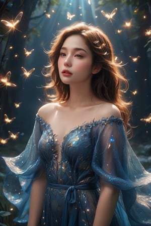 The young alluring lighting goddess. A digital masterpiece image, featuring a woman in a deep blue background, enveloped in a swarm of bright fireflies that illuminate the darkness with flashes of light. With her soft, wavy brown hair, the woman exudes an aura of tranquility and serenity. Her dress appears as an ethereal cloak of light that blends with the glow of the fireflies, while the winged creatures flutter around her, creating a magical and captivating effect. The harmony of deep blue tones and the soft radiance of the fireflies establishes an enchanting atmosphere that captures the audience's attention and imagination.,glitter