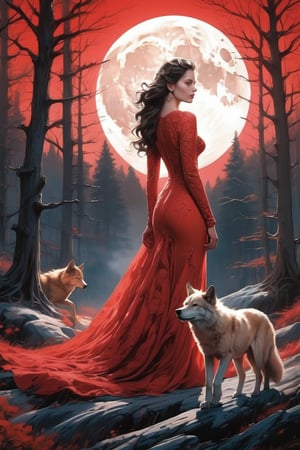 (masterpiece), (best quality),(ultra-detailed),(illustration),(extremely detailed),(perfect anatomy),(super detailed skin),A captivating illustration of a sultry, attractive woman dressed in a flowing red gown. She has an air of mystery and allure about her. In the background, a majestic wolf is present, its eyes fixated on the woman, who is standing near a full moon that casts a silvery light over the forest scene. The overall atmosphere of the illustration is enchanting and slightly eerie, with a sense of the supernatural.