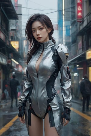 hyperrealistic, a masterpiece shot, (((gorgeous young woman))), full body lean forward, Gumiho, ((masterpiece)), ((best quality)), (((photo Realistic))), extremely detailed cg 8k wallpaper, Japanese female android in dystopian hybrid futuristic attire on a desolate street, beautiful eyes, slight smiling, space tech suit, overcast, ruins, cinematic, 32k.