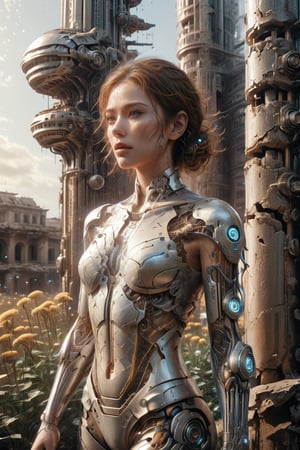 ((masterpiece)), ((best quality)), (((photo Realistic))), A mesmerizing ultra-high-definition image of a stunning cyborg young woman in a dreamlike, futuristic world. She gracefully bends down to pick the last remaining white flower amidst the ruins of a post-apocalyptic landscape. The cyborg's sleek, metallic body contrasts beautifully with the vibrant, ethereal flower, symbolizing hope in a desolate environment. The masterful use of light and shadows creates a mesmerizing atmosphere, while the impeccable composition and realistic representation make this a stunning  movie still.,cyborg,glitter,xxmix_girl