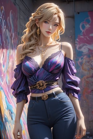 A stunning full body portrait photo of an alluring and charming blonde komoe from Namiuchigiwa no Muromi-san. Her enchanting smile draws the viewer in, while her alluring attire, including a lacy deep neckline top and strings with suspended belt, exudes elegance and sophistication. Gold earrings and a necklace adorn her, adding a touch of refinement.

The background showcases a mesmerizing, abstract swirl of deep blues and purples, creating a dynamic and energetic atmosphere that contrasts with the subject's poised demeanor. This exquisite blend of painting-like qualities, fashion, conceptual art, and photography exemplifies the artistry and innovation within this striking image. A masterpiece of conceptual art, cinematic portraiture, and photography, this 3D render stands as a testament to the creative prowess of, anime, vibrant, painting, fashion, photo, 3d render, graffiti, cinematic, conceptual art, portrait photography, illustration,better photography,mad-cyberspace